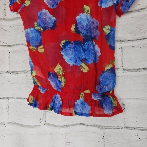 Abercrombie and Fitch Red Blue Floral Semi Sheer Peplum Top Womens Small Ruffle - Picture 8 of 11